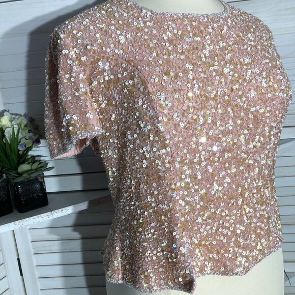 Vintage Beaded Sequined Pink Silk Blouse XL - Picture 10 of 14